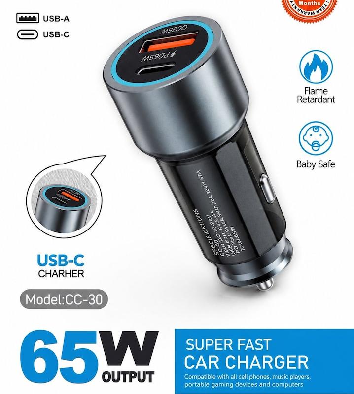 شارژر فندکی 65 وات Al Jazira مدل CC-30 | سوپر فست شارژ خودرو