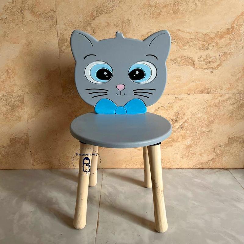 صندلی چوبی کودک طرح گربه پسرانه گالری فرانه