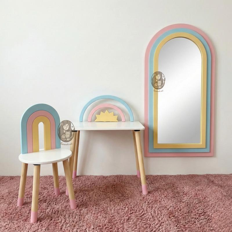 میز و صندلی چوبی کودک طرح رنگین کمان سه رنگ گالری فرانه