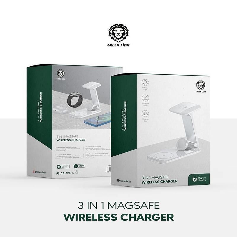 شارژر وایرلس مگ سیف دار 3 کاره گرین لاین Green Lion 3IN1 Magsafe Charger