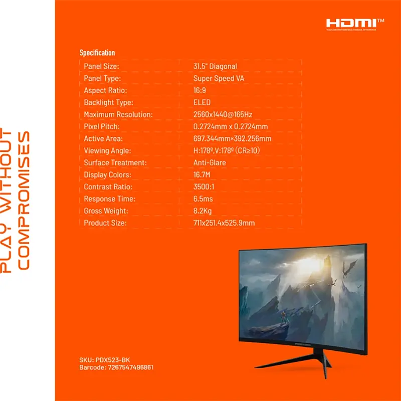 مانیتور گیمینگ منحنی 32 اینچی پرودو مدل Porodo Gaming Wide-Curved Monitor 32 PDX523