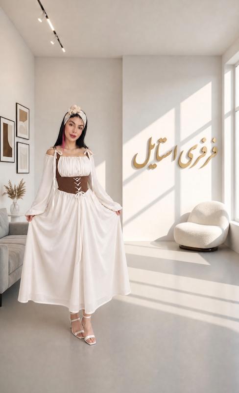 پیراهن آف شولدر  نباتی کمرقهوه ای