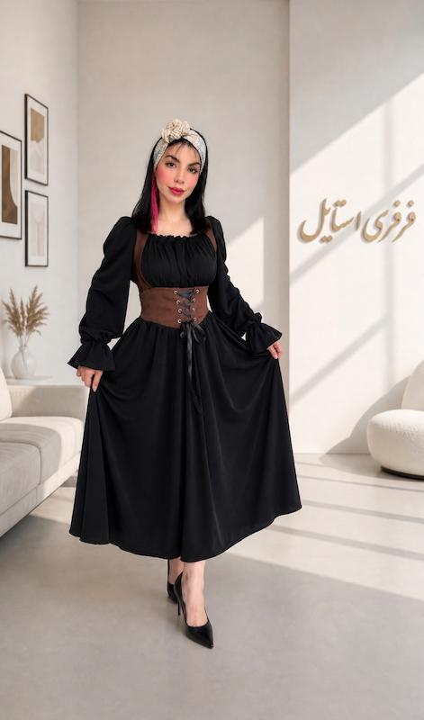 پیراهن پینترستی مشکی کمر قهوه ای