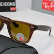 ⭐ ریبن ویفرر 2140 سایز 50 عدسی شیشه پلاریزه آنتی رفلکس RAYBAN WAYFARER رنگ قهوه ای (فول پک)