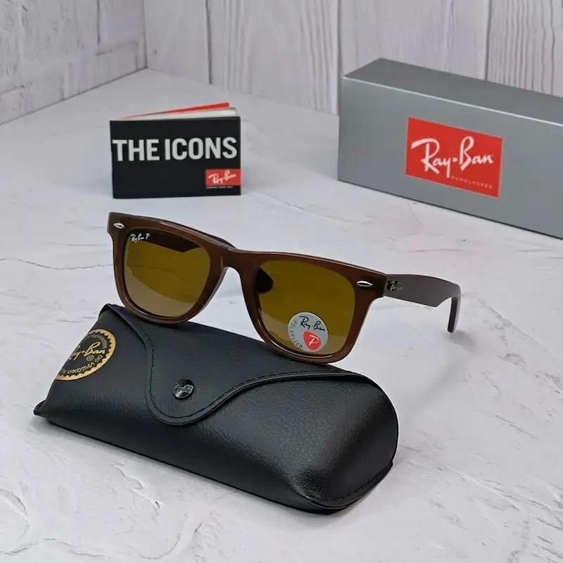 ⭐ ریبن ویفرر 2140 سایز 50 عدسی شیشه پلاریزه آنتی رفلکس RAYBAN WAYFARER رنگ قهوه ای (فول پک)