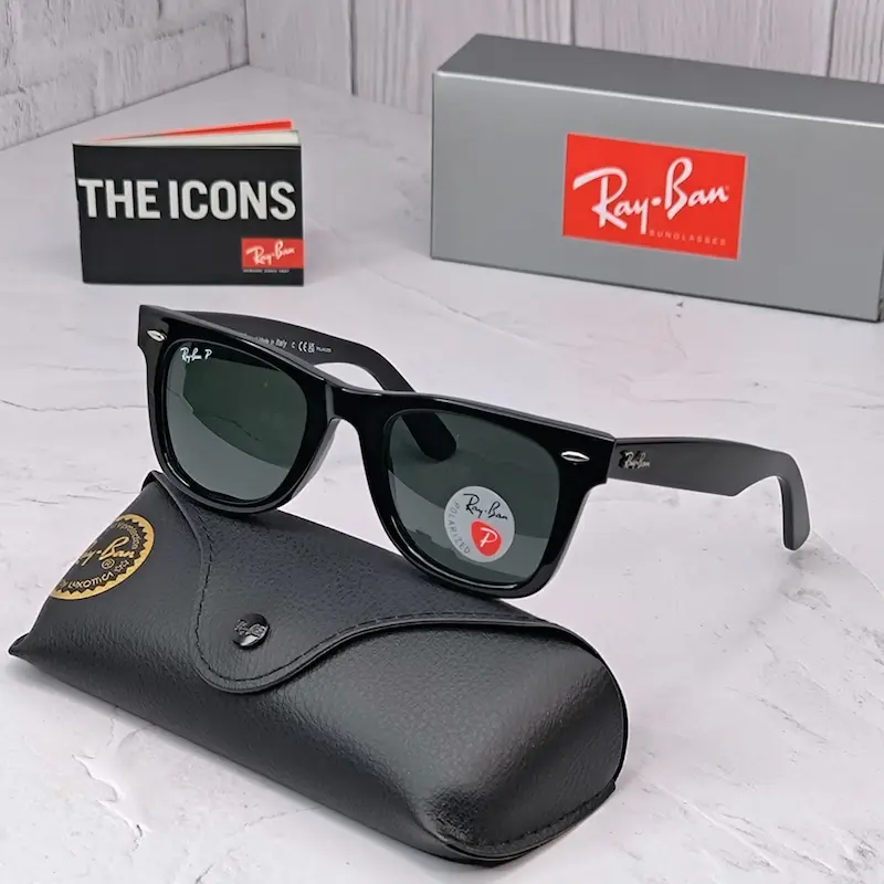 ⭐ ریبن ویفرر 2140 سایز 50 عدسی شیشه پلاریزه آنتی رفلکس RAYBAN WAYFARER رنگ مشکی (فول پک)