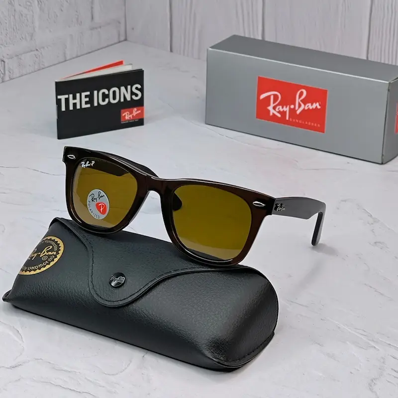 ⭐ ریبن ویفرر 2140 سایز 52 عدسی شیشه پلاریزه آنتی رفلکس RAYBAN WAYFARER رنگ قهوه ای (فول پک)