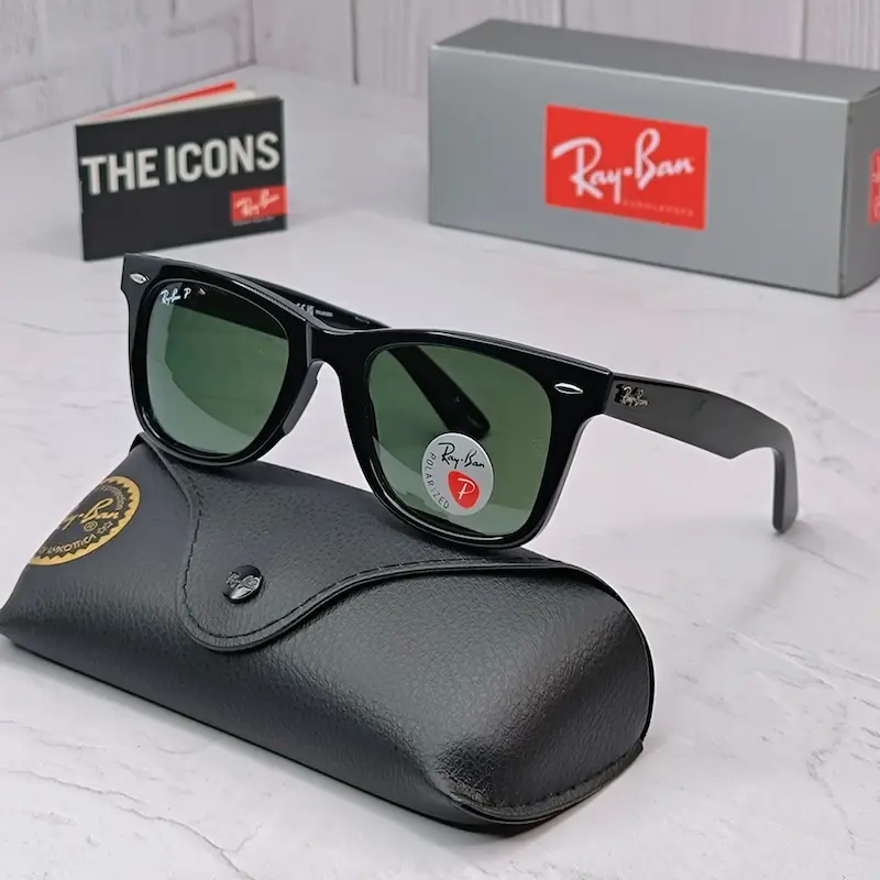 ⭐ ریبن ویفرر 2140 سایز 52 عدسی شیشه پلاریزه آنتی رفلکس RAYBAN WAYFARER رنگ مشکی عدسی سبز (فول پک)