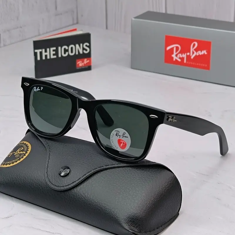 ⭐ ریبن ویفرر 2140 سایز 52 عدسی شیشه پلاریزه آنتی رفلکس RAYBAN WAYFARER رنگ مشکی  (فول پک)