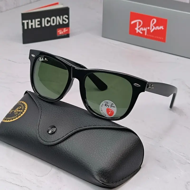 ⭐ ریبن ویفرر 2140 سایز 54 عدسی شیشه پلاریزه آنتی رفلکس RAYBAN WAYFARER رنگ مشکی سبز (فول پک)