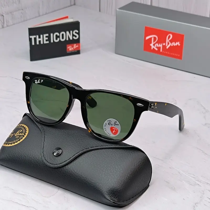 ⭐ ریبن ویفرر 2140 سایز 54 عدسی شیشه پلاریزه آنتی رفلکس RAYBAN WAYFARER رنگ هاوانا عدسی سبز (فول پک)