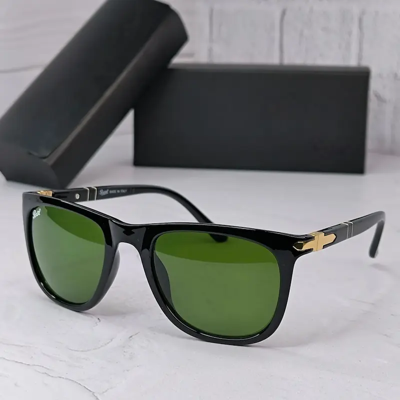 عینک آفتابی پرسول شیشه آنتی رفلکس (فول پک) مشکی شیشه سبز 3111 PERSOL 