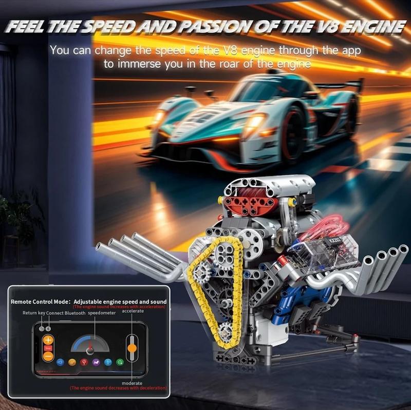 لگو (lego) موتور ۸ سیلندر(V8) با قابلیت حرکت و کنترل از روی گوشی