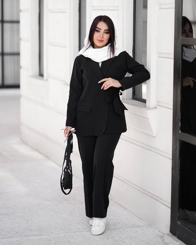 ست کت شلوار مازراتی یقه بلیزر کمر پاپیونی زنانه