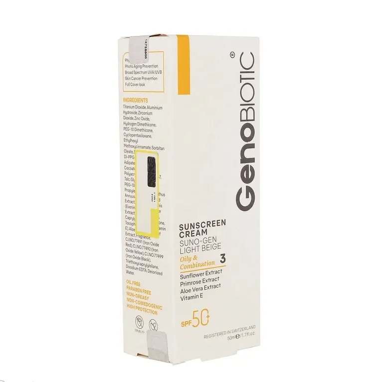 کرم ضدآفتاب رنگی پوست چرب ژنوبایوتیک SPF 50 مدل SUNO حجم 50 میلی‌لیتر