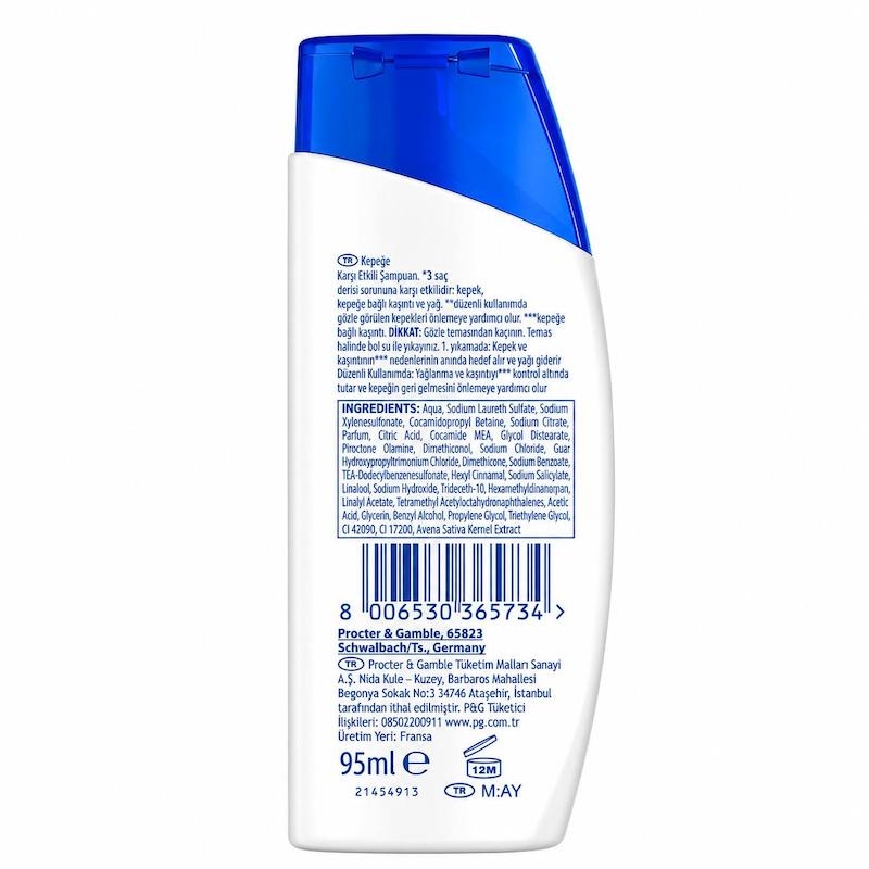 نمای جلوی شامپو ضد شوره Head & Shoulders Classic با بطری سفید، درِ آبی و نشان محافظت سه‌گانه