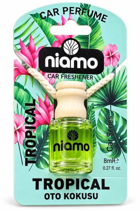 خوشبوکننده خودرو niamo مدل Sandalwood با مایع کهربایی، درپوش چوبی و بسته‌بندی قهوه‌ای با طرح چوب صندل