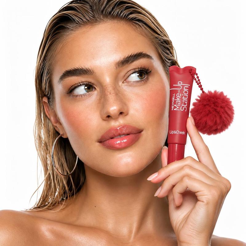 نمای نزدیک رنگ قرمز رژ لب و رژگونه مایع Newwell کد 03