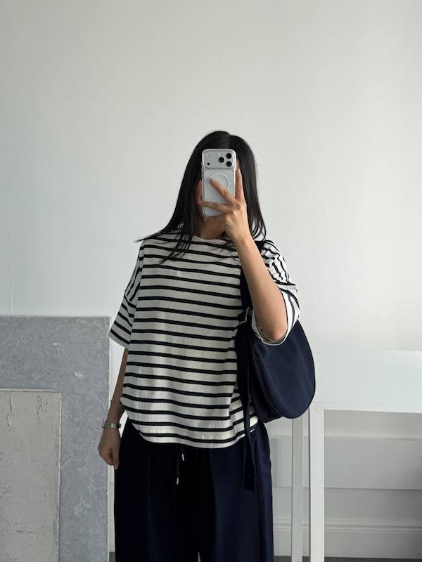 تیشرت باکسی راه راه / سورمه ای 