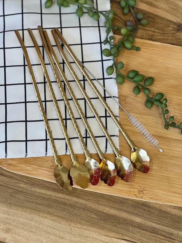 نی شربت خوری طلایی و استیل فرچه نی