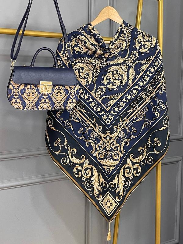 ست کیف و روسری طرح الیزابت سورمه ای 1- 138