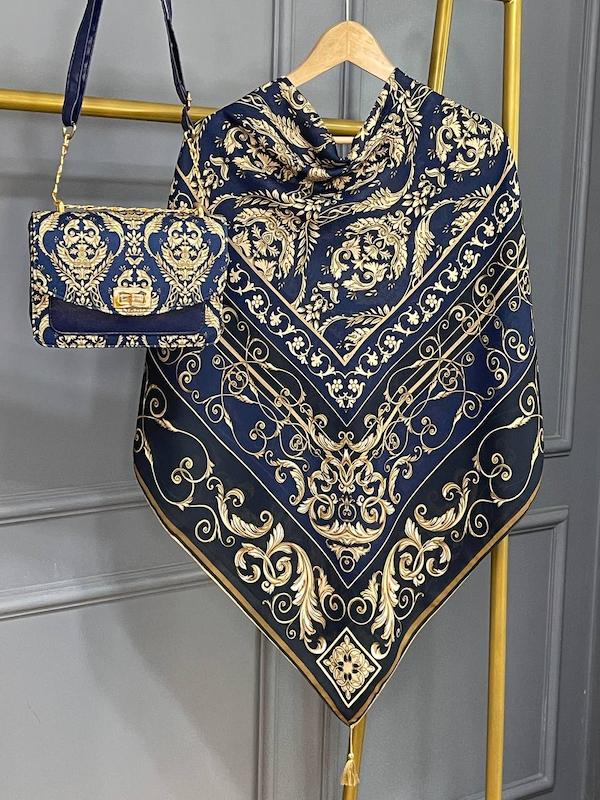 ست کیف و روسری طرح الیزابت سورمه ای 2- 138