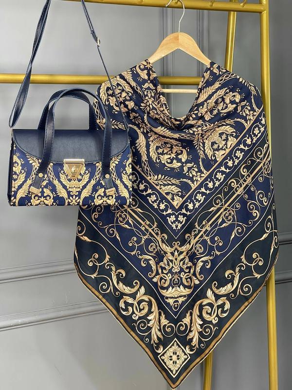 ست کیف و روسری طرح الیزابت سورمه ای 3- 138