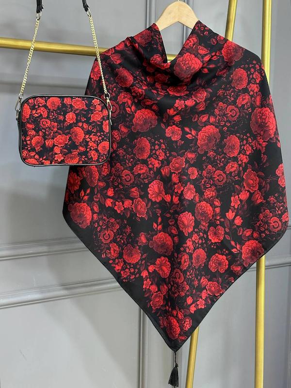 ست کیف و روسری طرح رز قرمز و مشکی کد 1-140