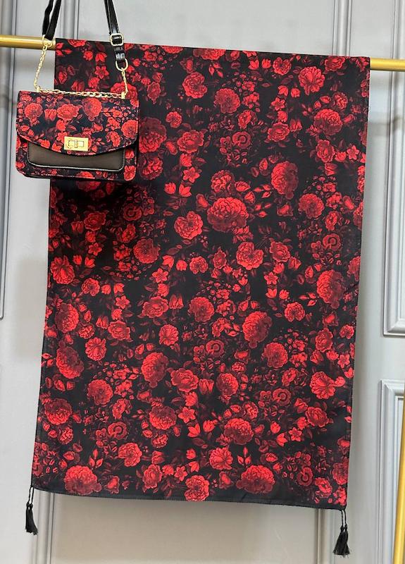 ست کیف و شال طرح رز قرمز و مشکی کد22-140