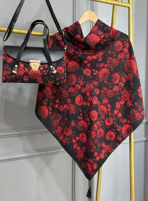 ست کیف و روسری طرح رز قرمز و مشکی کد 3-140