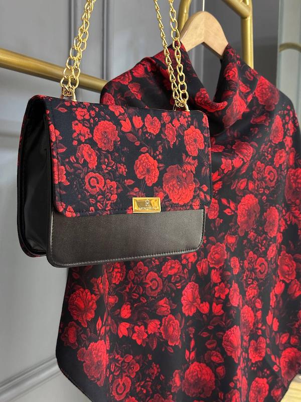 ست کیف و روسری طرح رز قرمز و مشکی کد 4-140