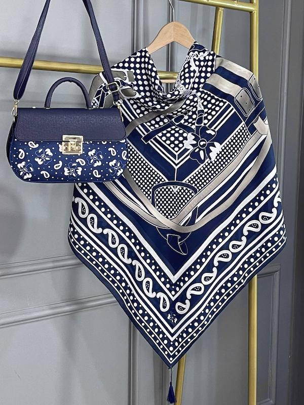 ست کیف و روسری طرح ترمه کمربندی سورمه ای 2-141