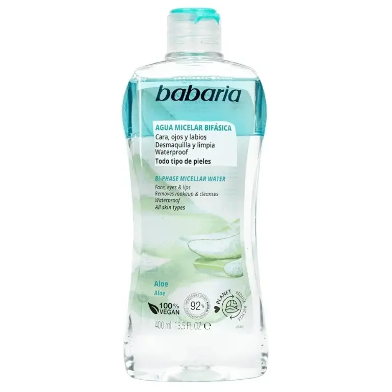میسلار واتر دوفاز باباریا Babaria مدل Aloe – حاوی عصاره آلوئه ورا – پاکسازی آرایش ضدآب – مناسب انواع پوست | حجم 400 میلی‌لیتر Babaria Bi-Phase Micellar Water Aloe 400ml