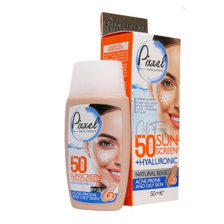 پیکسل کرم ضدآفتاب رنگ بژ طبیعی  spf50 مناسب پوست چرب ، جوش دار و مختلط حجم 50 میلی‌لیتر