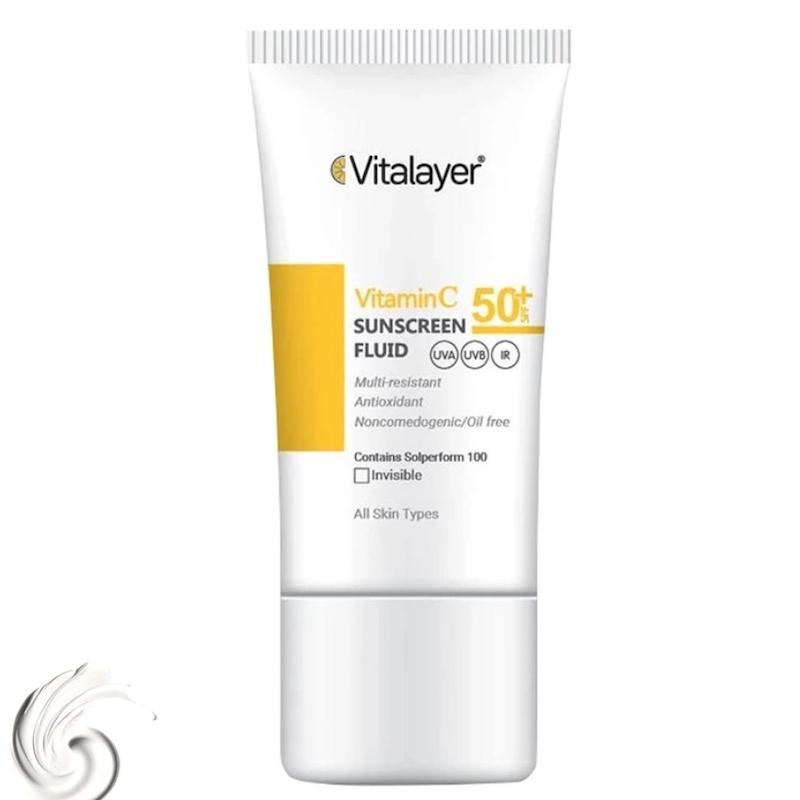 فلوئید ضدآفتاب بی‌رنگ ویتالیر SPF50 مدل Vitamin C مناسب انواع پوست، حجم 50 میلی‌لیتر