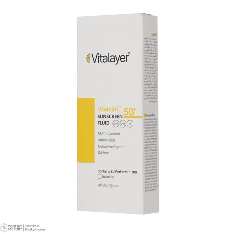 فلوئید ضدآفتاب بی‌رنگ ویتالیر SPF50 مدل Vitamin C مناسب انواع پوست، حجم 50 میلی‌لیتر