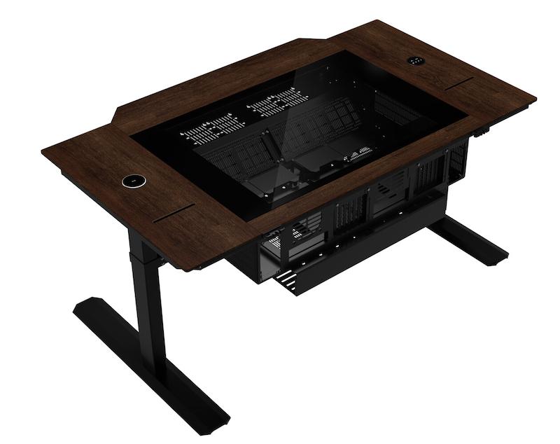 Lian Li DK07, Motorized Desk Station, Desk PC Chassis, Gaming Desk, Computer Desk Case, Adjustable Height Desk, Wood Computer Desk, Tempered Glass Desk, Water Cooling Desk, Custom Loop Desk, E-ATX Desk Case, Workstation Desk