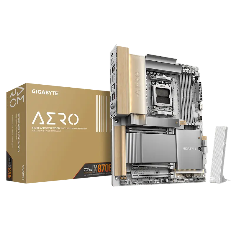 GIGABYTE X870E AERO X3D WOOD, AMD X870E Motherboard, AM5 Motherboard, Ryzen 9000 Motherboard, DDR5 Motherboard, PCIe 5.0 Motherboard, USB4 Type-C, Wi-Fi 7 Motherboard, Dual 5GbE LAN, WOOD Edition Motherboard, Creator Motherboard, Gaming Motherboard