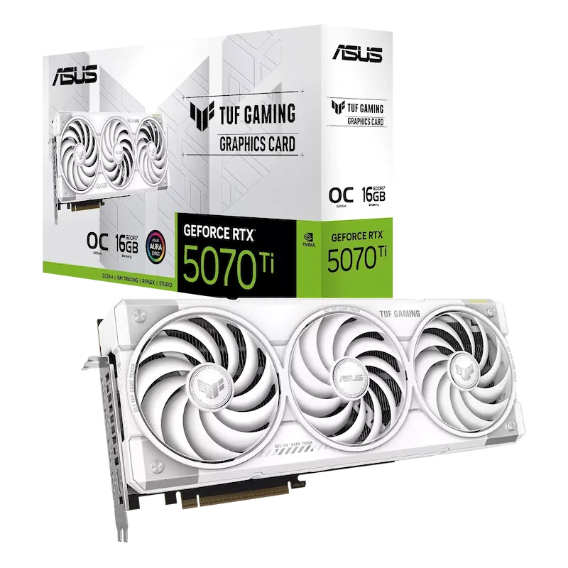ASUS TUF Gaming RTX 5070 Ti White OC Edition, ASUS White Graphics Card, RTX 5070 Ti White, White Gaming GPU, NVIDIA Blackwell GPU, Triple Fan White GPU, GDDR7 Graphics Card, ASUS TUF White Edition, RGB White Graphics Card, PCIe 5.0 GPU, 4K Gaming Graphics Card