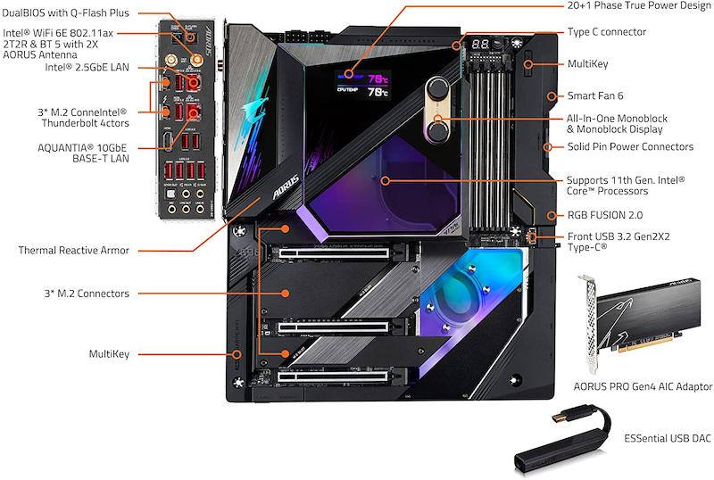 GIGABYTE Z590 AORUS Xtreme WATERFORCE  مادربرد خنک‌کننده مایع  مادربرد گیمینگ  PCIe 4.0  اورکلاکینگ  Wi-Fi 6  10GbE  مادربرد AORUS  مادربرد حرفه‌ای  سیستم خنک‌کننده مایع WATERFORCE  پردازنده‌های نسل 10 اینتل  پردازنده‌های نسل 11 اینتل  نورپردازی RGB  Thunderbolt 3  مادربرد برای ورک‌استیشن