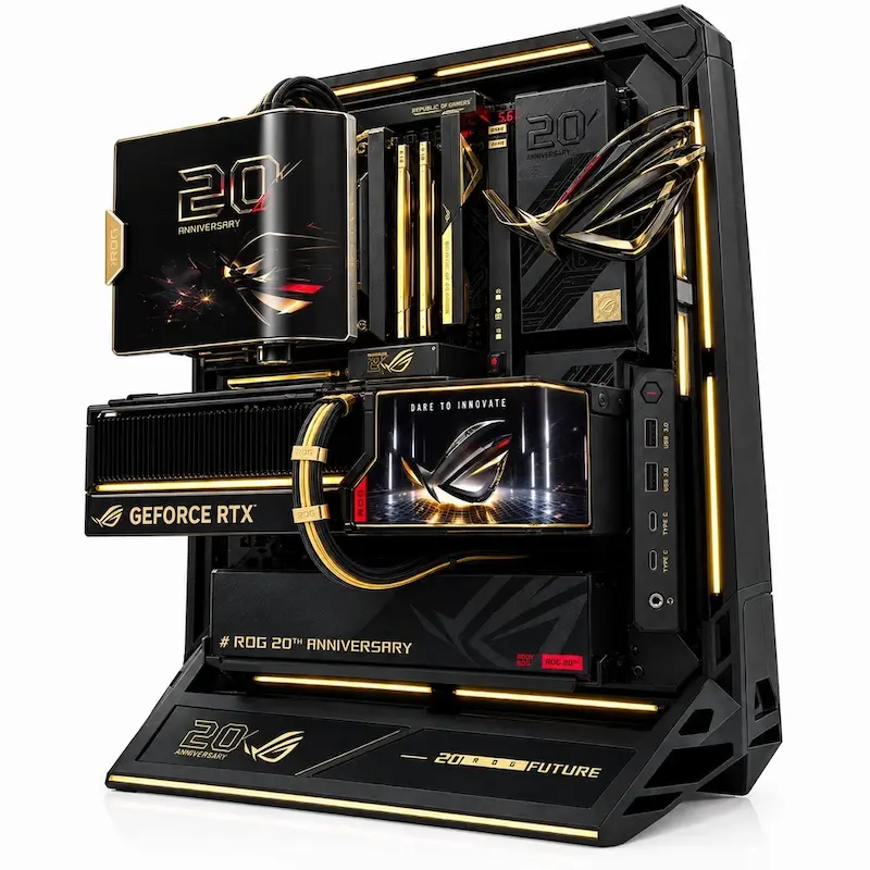 ASUS ROG G1000 Edition 20, ROG G1000, GM1000, ASUS ROG Gaming PC, ROG Edition 20, سیستم گیمینگ ASUS, کامپیوتر گیمینگ ROG, RTX 5090 Edition 20, ROG Astral RTX 5090, Ryzen 9 9950X3D2, 48GB DDR5, Samsung 9100 PRO 4TB, AniMe Holo, ROG Thermal Atrium, 420mm AIO, کیس Full Tower, Black Gold Gaming PC, ASUS ROG 20th Anniversary, Aura Sync