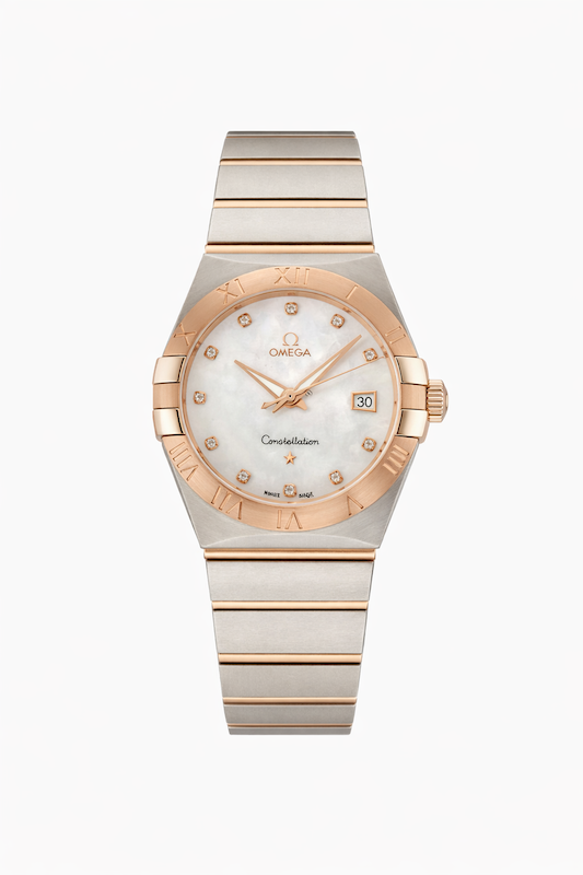 ساعت امگا کانسلیشن مردانه دورنگ رزگلد ایندکس نگین   Omega Constellation SilverRosegold