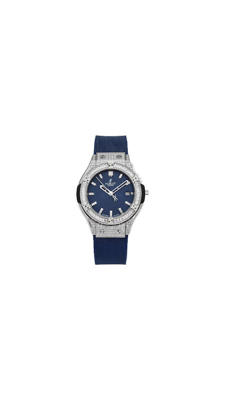 ساعت هابلوت فول نگین زنانه نقره ای بند سرمه ای Hublot Diamonds silver