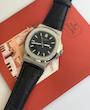 ساعت پتک فیلیپ ناتیلوس مردانه نقره ای  بند چرم مشکی  Patek Philippe Nautilus