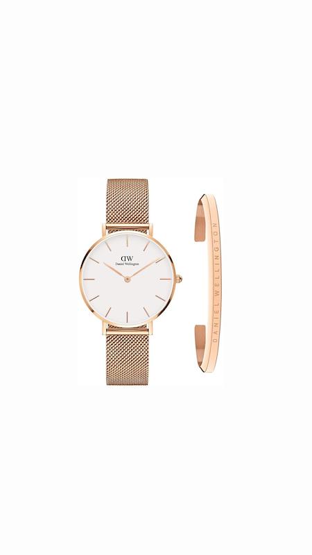 ست ساعت دنیل ولینگتون حصیری زنانه رزگلد صفحه سفید با دستبند Daniel Wellington Rosegold