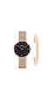 ست ساعت دنیل ولینگتون حصیری زنانه رزگلد صفحه مشکی با دستبند Daniel Wellington Rosegold