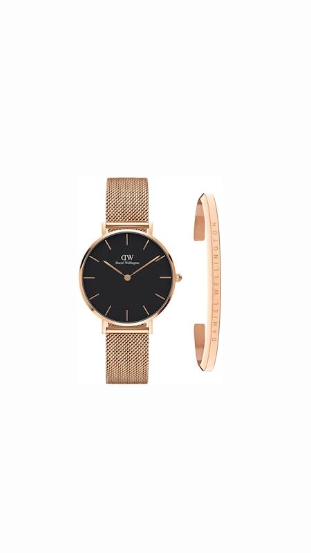 ست ساعت دنیل ولینگتون حصیری زنانه رزگلد صفحه مشکی با دستبند Daniel Wellington Rosegold
