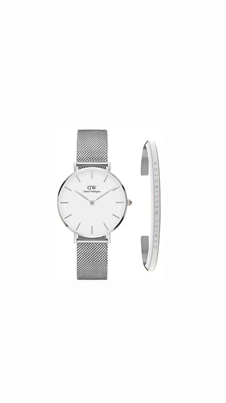 ست ساعت دنیل ولینگتون حصیری زنانه نقره ای صفحه سفید با دستبند Daniel Wellington Silver