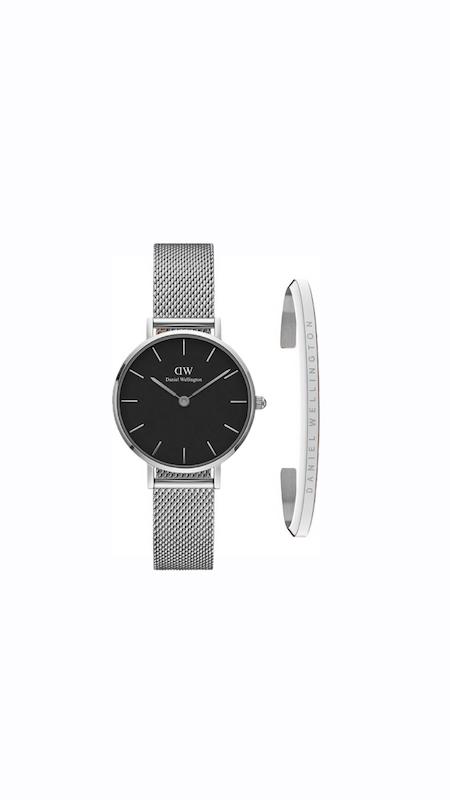 ست ساعت دنیل ولینگتون حصیری زنانه نقره ای صفحه مشکی با دستبند Daniel Wellington Silver