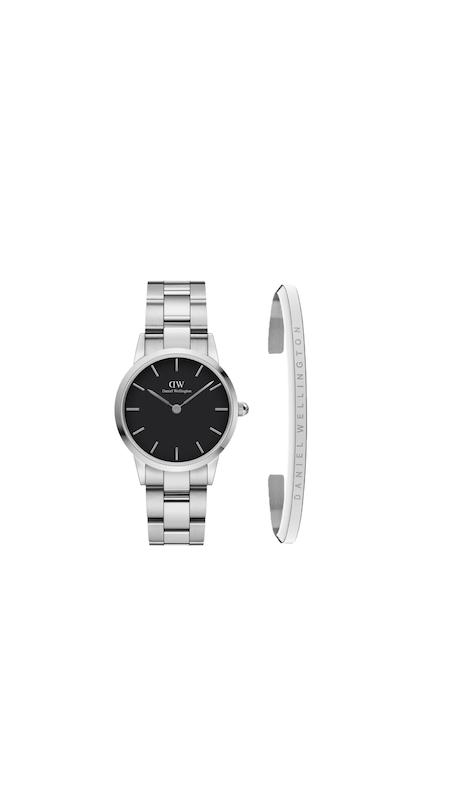ست ساعت دنیل ولینگتون یونیتون زنانه نقره ای صفحه مشکی با دستبند دنیل Daniel Wellington Silver